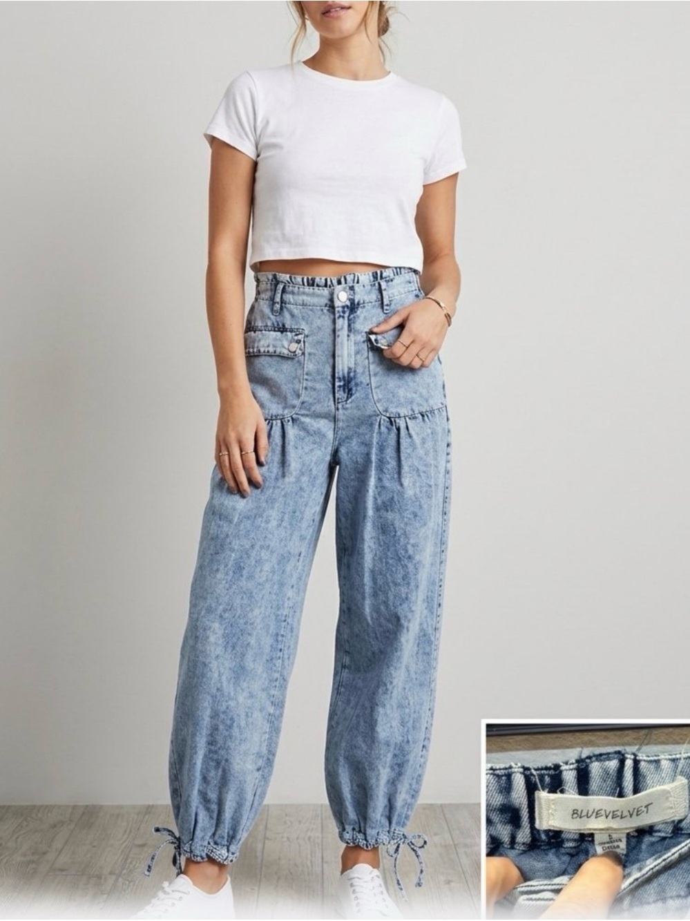 Blue Velvet Acid Wash Denim Jogger Pants Wide Leg Size S #520